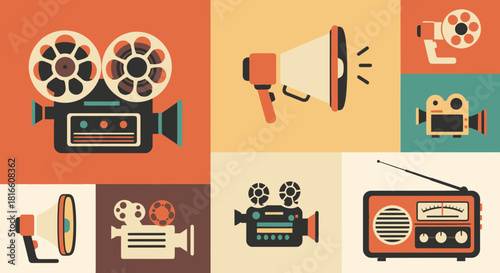 Retro Media Icons A Collage of Vintage Film Cameras, Radios, and Megaphones for Creative Projects