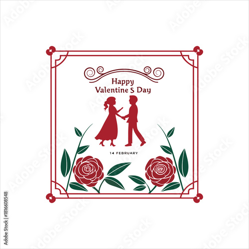 Happy Valentine’s Day Card with Romantic Couple and Floral Frame