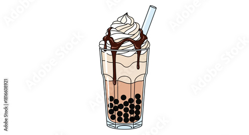 An illustrated glass of chocolate bubble milk tea with tapioca pearls, generously topped with whipped cream and a rich chocolate sauce drizzle