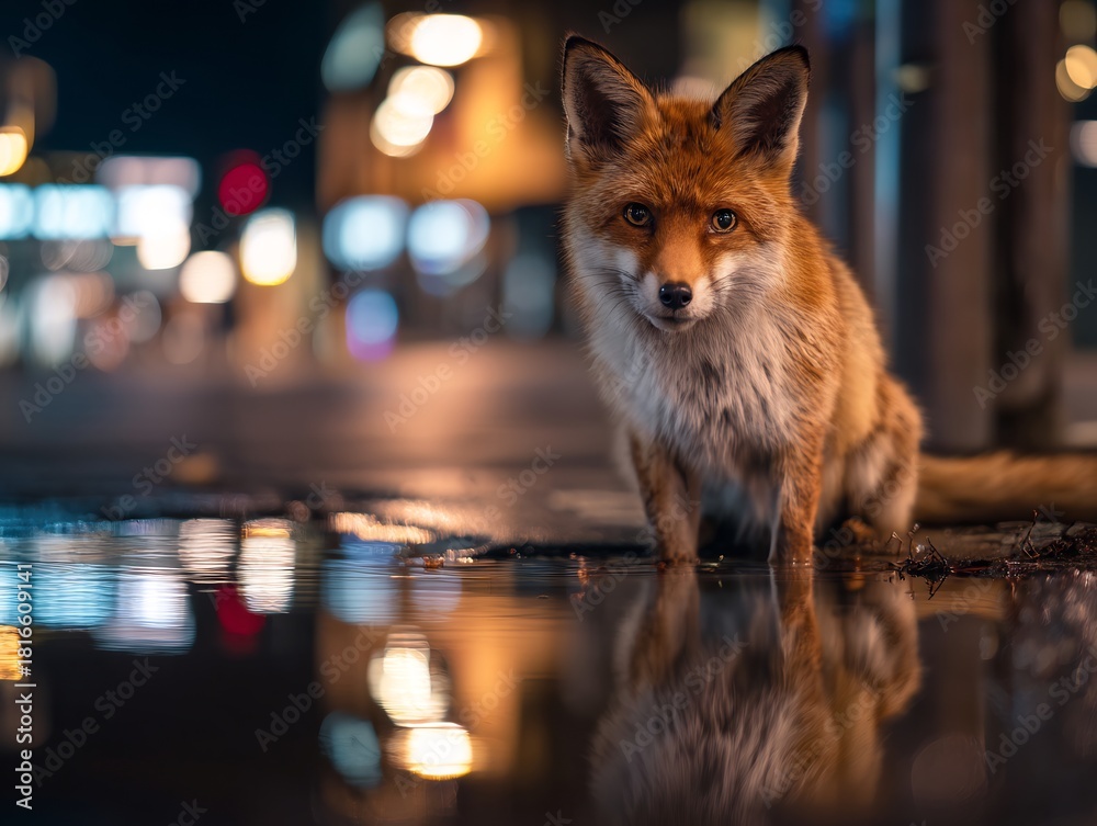 Obraz premium A beautiful red fox captured at eye level, reflecting in a puddle on a wet city street at night with bokeh lights.