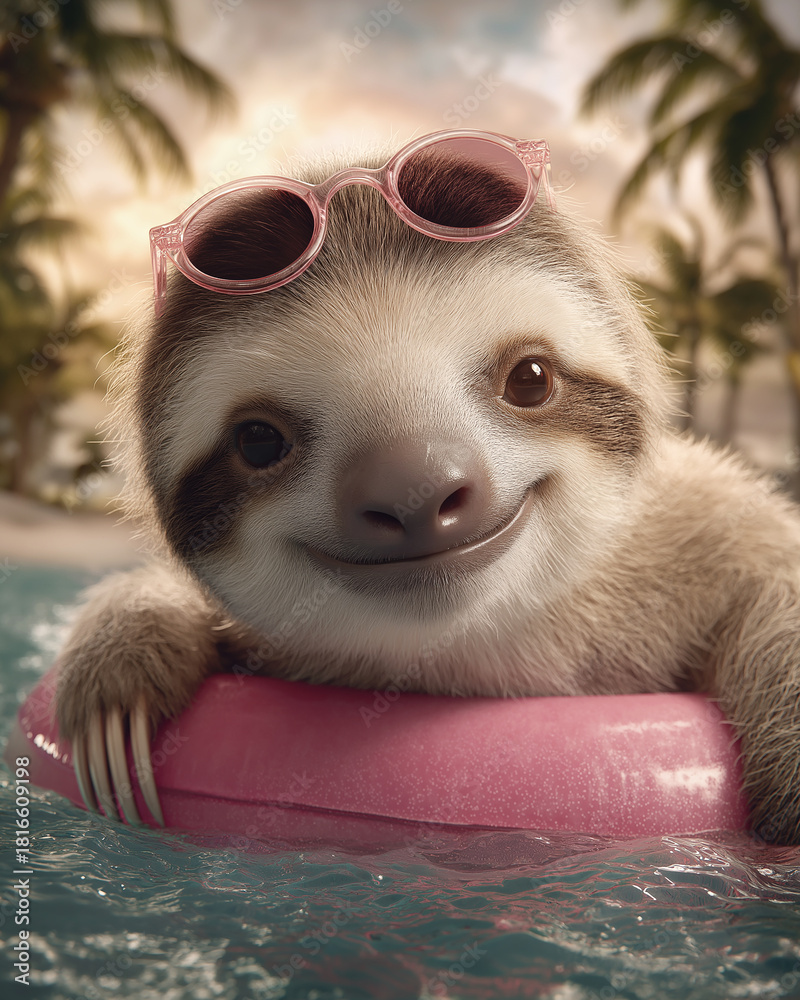 Naklejka premium Sloth on a pink pool float wearing pink sunglasses. Sunlit tropical scene with palm trees and a warm sunset glow.