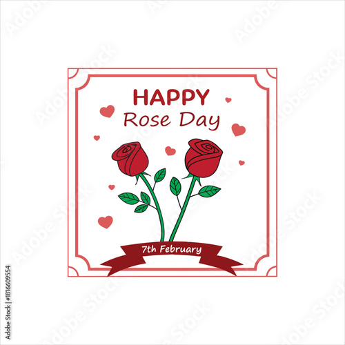 Happy Rose Day Greeting Card with Red Roses and Decorative Frame – 7th February