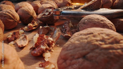 Walnuts with nutcracker on wooden table close up.