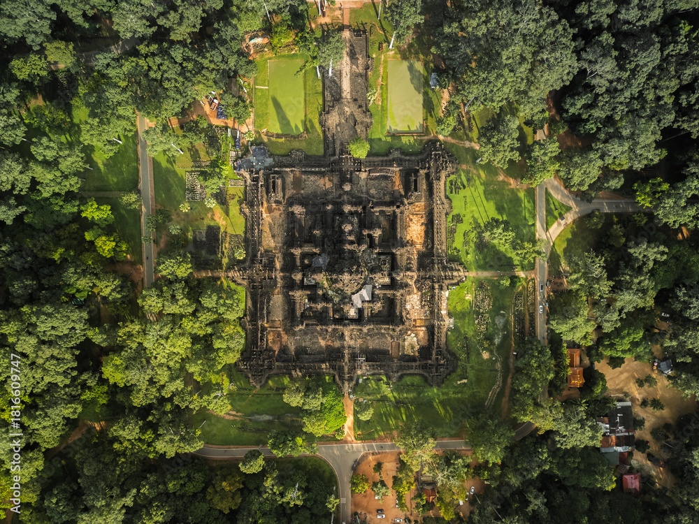 Naklejka premium Drone Orthographic Map View Of Bayon Temple, Angkor Thom, Cambodia