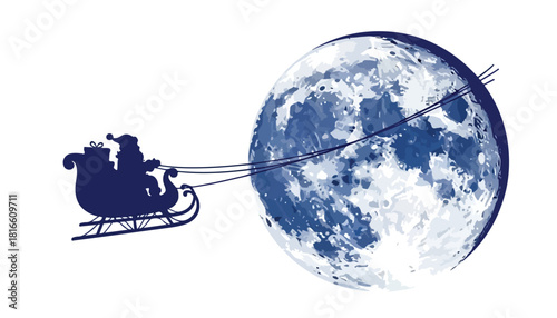 Silhouette of Santa Claus in his sleigh, pulled across the moon, carrying gifts.