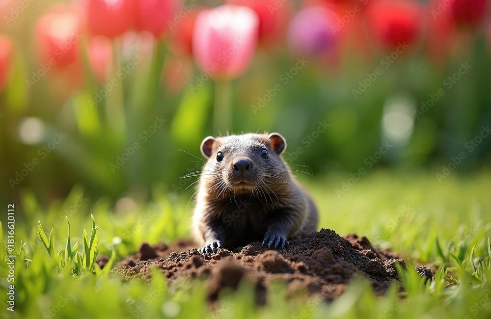 Fototapeta premium Small mammal peeks from its burrow. Cute rodent with whiskers sits on brown dirt pile near green grass and blurred tulips. Wild animal in spring garden.