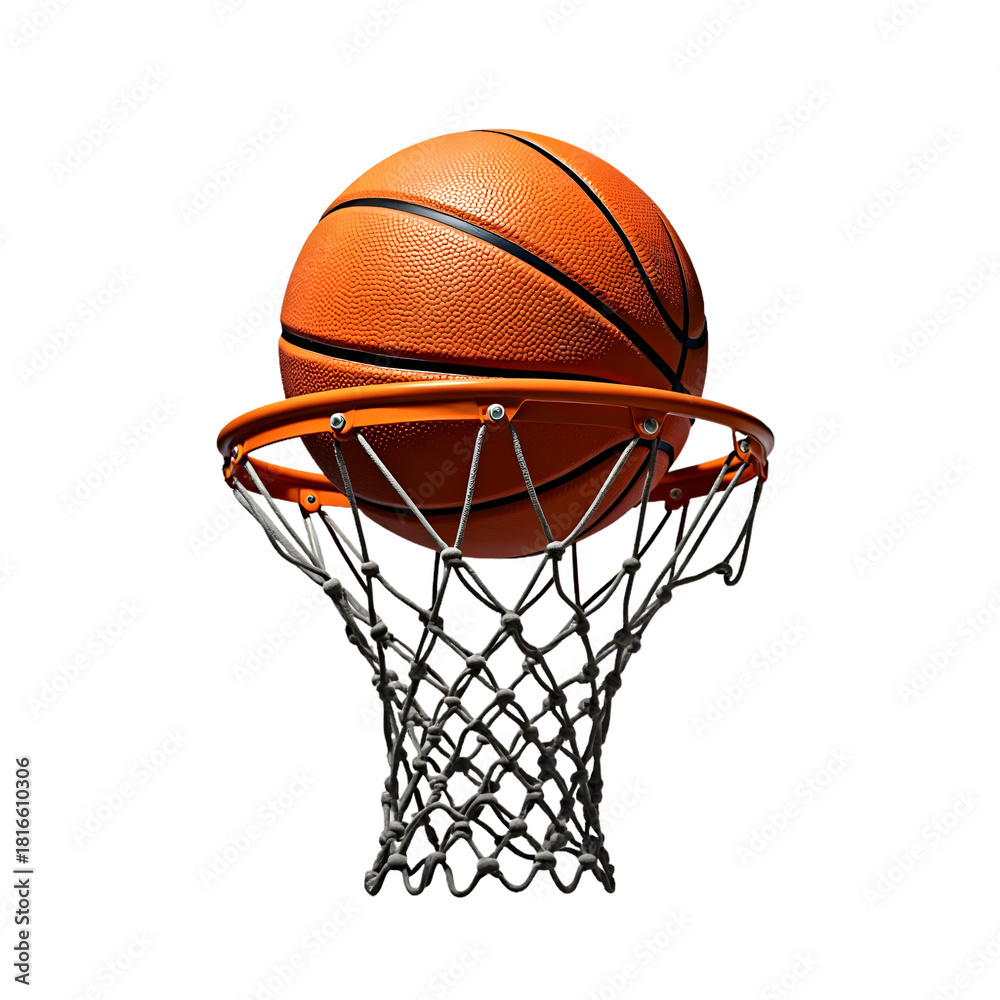 Fototapeta premium A basketball is perfectly poised on top of a basketball hoop, isolated on transparent background, ready to be shot through for a winning score
