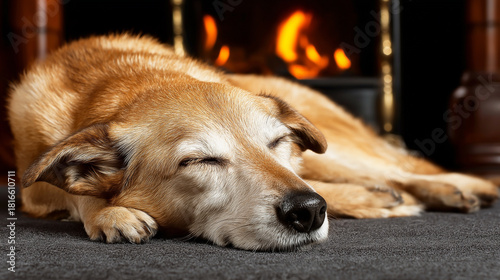 Wallpaper Mural Dog sleeping by the fireplace in the living room. Warm firelight creates a cozy mood. Torontodigital.ca