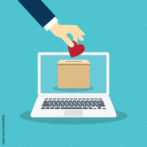 Human hand putting red heart in box, donation concept	
