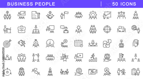 Business people icon set. Community icons in line style. Editable web icons for team, partnership, collaboration, leadership, management, workshop, employee, businessman etc. Vector illustration.