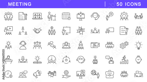 Meeting in line style set. Editable web icons for conference, business meating, discussion, planning, event, teamwork, seminar etc. Vector illustration.