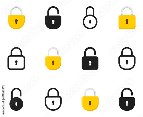 Lock icon set. Padlock open and closed. Locked and unlocked icon. Security symbol. Vector illustration.