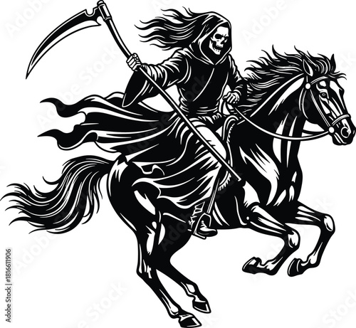 Grim Reaper on horse, death rider, skeleton with scythe, black and white illustration, horror concept, dramatic motion, vector art