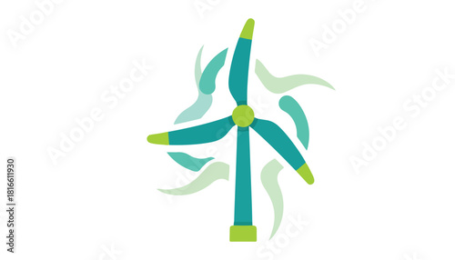 Illustration of a wind turbine with teal blades and a green hub, surrounded by stylized wind currents on a white background.