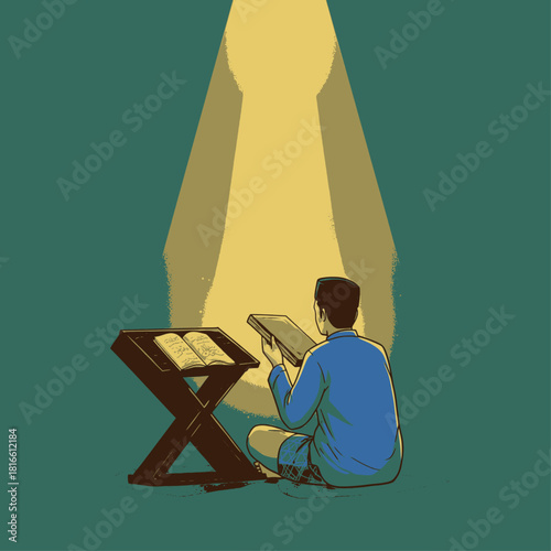 A person in traditional attire sits on the floor, reading a religious book under a beam of light, with another book on a rehal beside them.