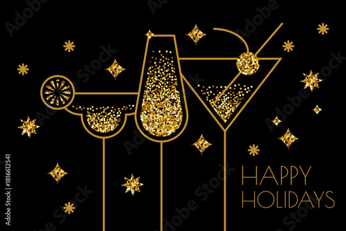 Vector golden cocktails, champagne glasses. Bar club, alcohol menu, party banner poster, greeting card holiday design