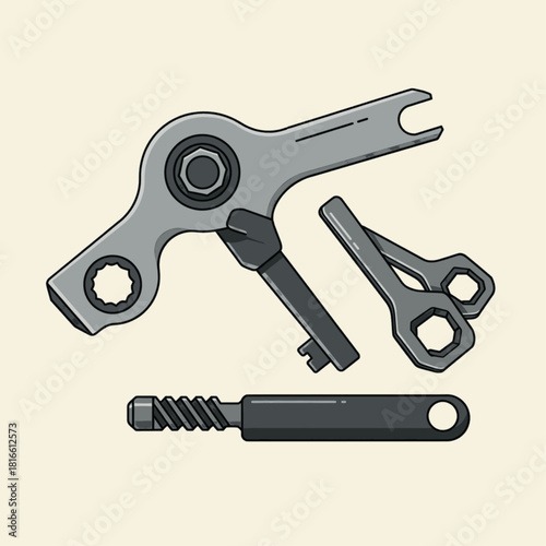 Collection of various mechanical hand tools, including wrenches and specialized keys, for repair and maintenance tasks.
