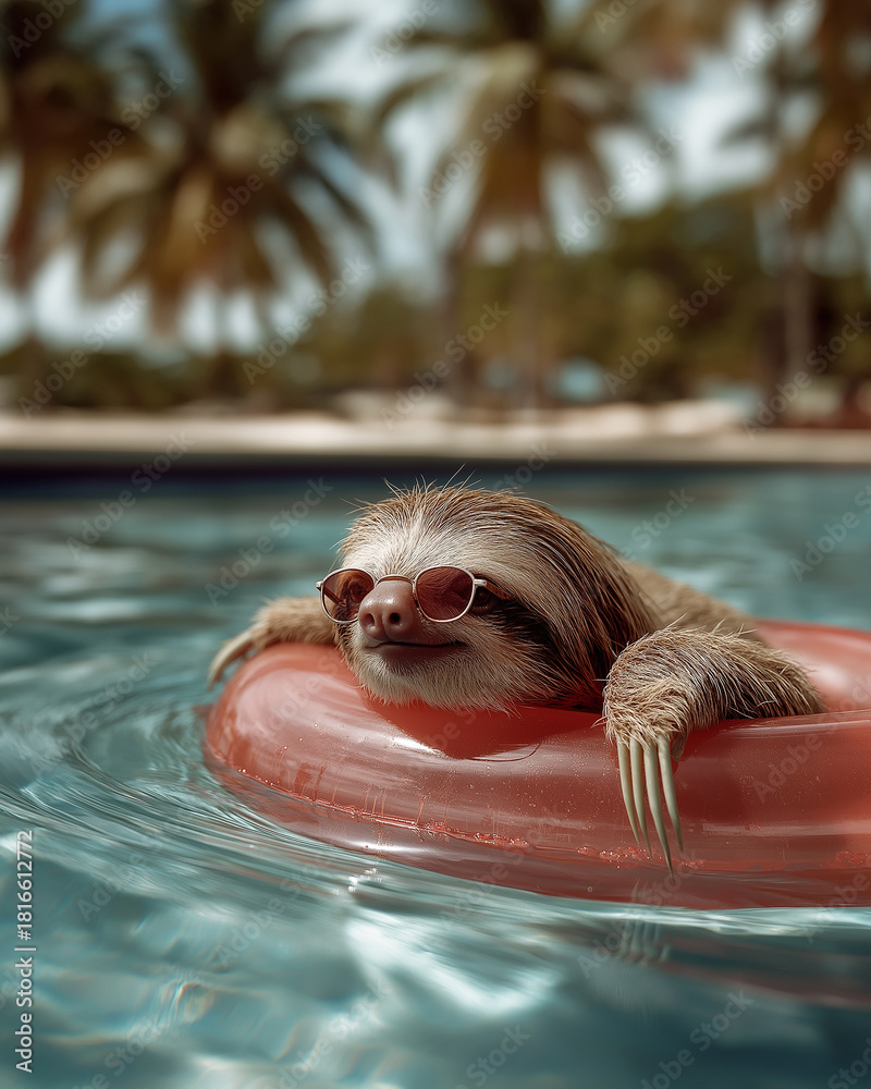 Naklejka premium Sloth wearing sunglasses lounges on a red inflatable ring in a pool. Crisp sunlight bathes the pool.