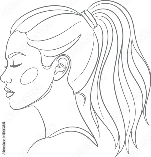 Minimalist line art drawing of a woman with her hair in a ponytail