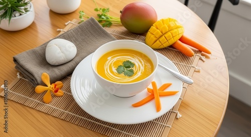 A Delicious Mango Soup with Carrots Garnished and Creatively Displayed on a Wooden Table