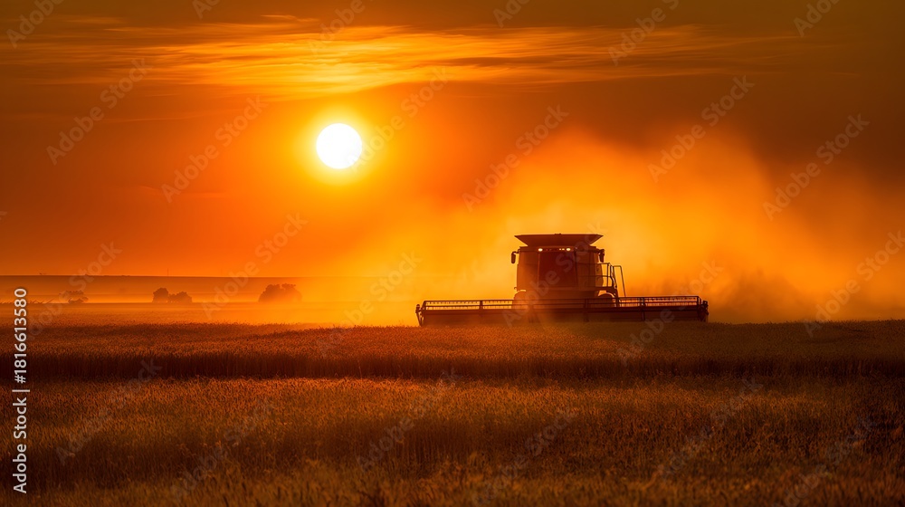 Fototapeta premium Combine harvester working in a field at sunset, creating dust clouds.
