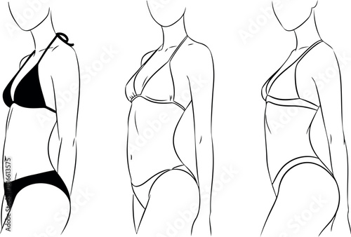 Three stylized female figures in profile wearing lingerie and draped fabric