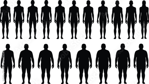 Human body silhouettes, male figures, body types comparison, fitness anatomy, obesity vs slim, health concept, black vector illustration, isolated