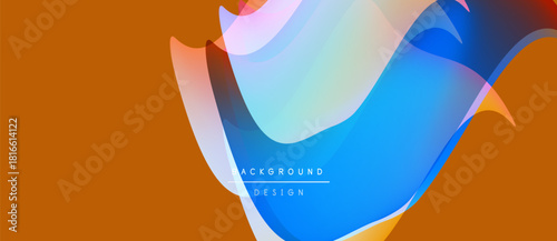 Abstract fluid shapes overlap, creating vibrant color gradients. Orange background contrasts with blue, pink hues. Modern design element.