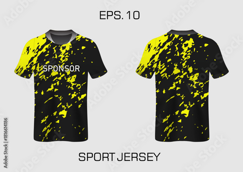 Dynamic Sport Jersey Design with Yellow Splashes and Bold Sponsor Logo Accent