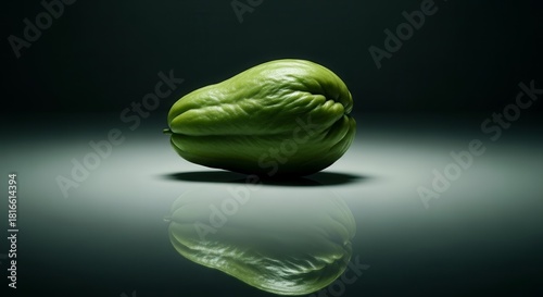A Green Chayote Fruit Resting on a Surface With Reflective Shadow and Dim Lighting