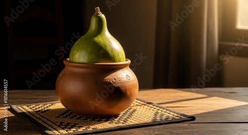 A Green Gourd In A Rustic Pot on a wooden table with natural sunlight