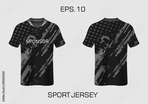 Stylish Black Sport Jersey Design Featuring Abstract Patterns and Sponsor Logo
