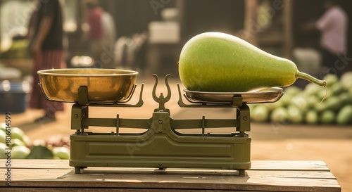 A Green Gourd Is Weighed on an Antique Scale at A Bustling Farmers Market