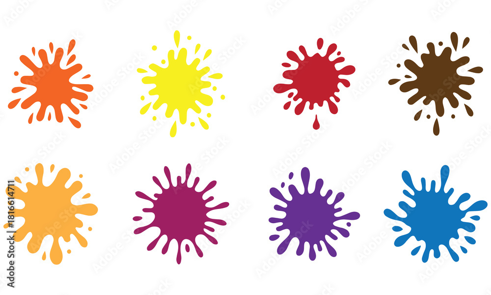 Obraz premium Vibrant paint splashes vector set with multi-color ink blots perfect for design, digital art, backgrounds, and creative print projects.