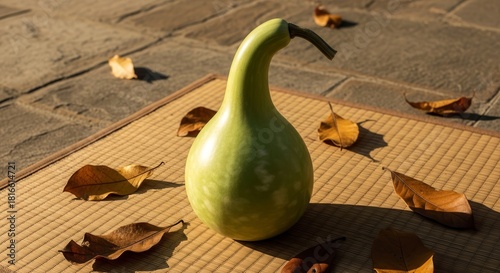 A Green Gourd on a Tatami Mat with Dried Leaves in Golden Sunlight