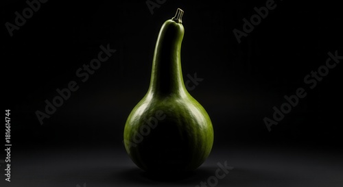 A Green Gourd on Black Background Reflecting Light and Shadows in Studio Photography