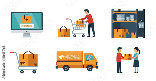 Online Shopping Delivery Service Icons Set, Generative AI.