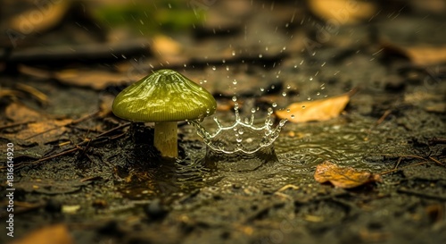 A Green Mushroom Stands Beside a Water Drop That Creates a Crown Shape