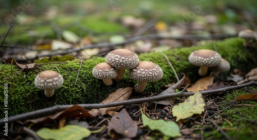 A Group Of Fungi Species Emerging On A Decaying Forest Log For Illustration