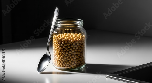 A Jar Of Soybeans with A Spoon, Culinary Still Life Photography on White Surface