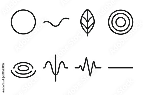 Harmonic Equilibrium Icons. Harmonic Equilibrium linear icon set: balanced circle, soft curve, symmetrical leaf, centered glow orb, dual ripple, aligned path, steady pulse, level