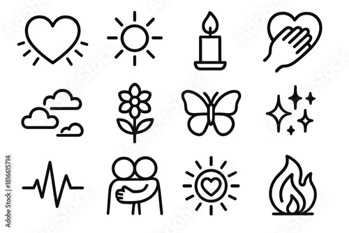Symbols of Heartfelt Inspiration. Heartfelt Motivation linear icon set. love heart, sun rays, candle flame, hand over chest, open sky, flower bloom, butterfly, sparkle light, pulse
