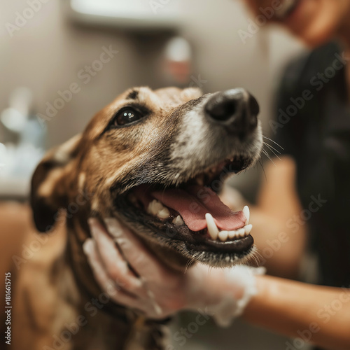 Wallpaper Mural Brown dog enjoys a bath in a grooming salon. A groomer lathers the dog and rinses. Torontodigital.ca