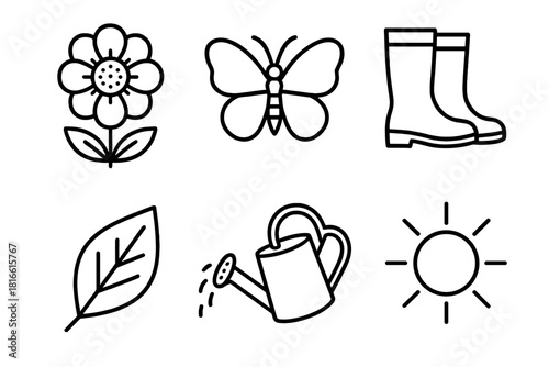Spring Icon Collection. Spring Season linear icon set: blooming flower, butterfly, rain boots, fresh leaf, watering can, sunshine