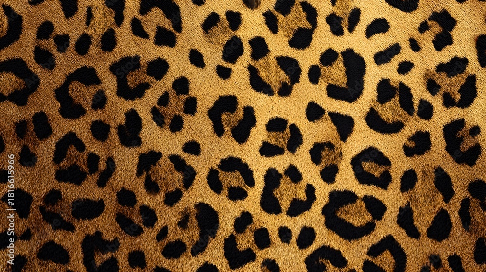 Fototapeta premium Detailed showcases a leopard print texture featuring contrasting black spots on a warm, golden-brown backdrop, creating a captivating and visually rich animalistic pattern suitable for various...