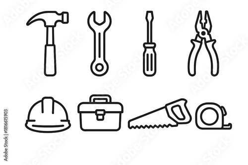Labor Day Tool Icons. Labor Day trade tools collection linear icon set: hammer, wrench, screwdriver, pliers, hard hat, toolbox, saw, tape measure