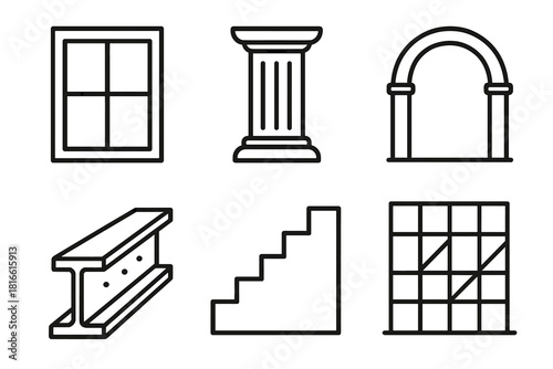 Architectural Icon Outline. Architectural Elements linear icon set: window frame, column, archway, steel beam, staircase, glass facade