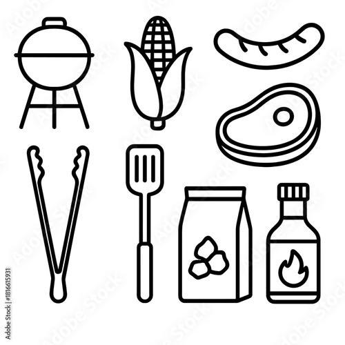 BBQ Essentials Icons. BBQ essentials concept linear icon set: grill, corn on the cob, sausage, steak, tongs, spatula, charcoal bag, barbecue sauce bottle , clean picnic-inspired
