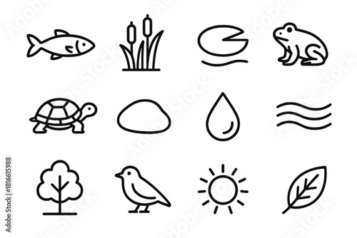 River Ecosystem Icons. River ecosystems linear icon set. fish, reeds, lily pad, frog, turtle, stone, water droplet, current lines, tree, bird, sun, leaf