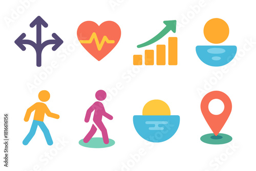 Minimalist Life Path Icons. Life Path flat icon set: branching choice, heart line, growth arrow, reflective bubble, steady stride, mindful step, clear horizon, personal marker
